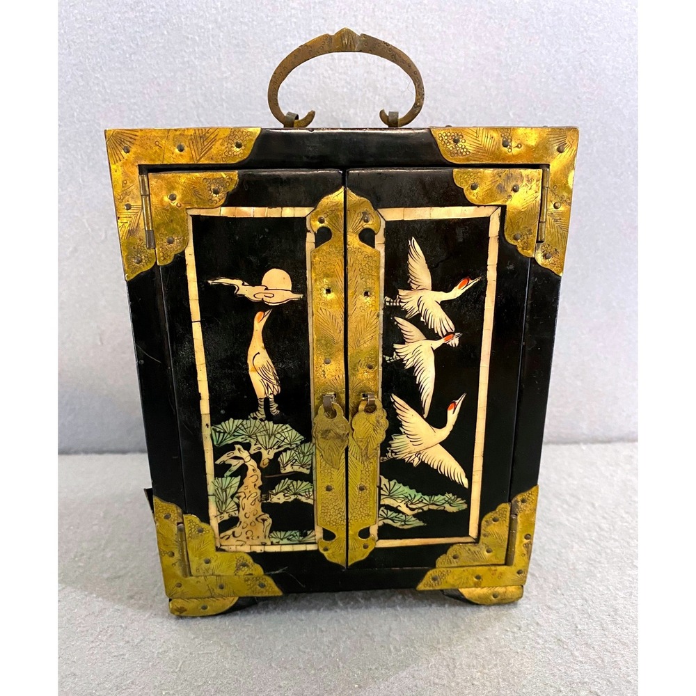 Vintage Chinese‎ Black Lacquer Brass Inlay Jewelry Box 1950s Handmade